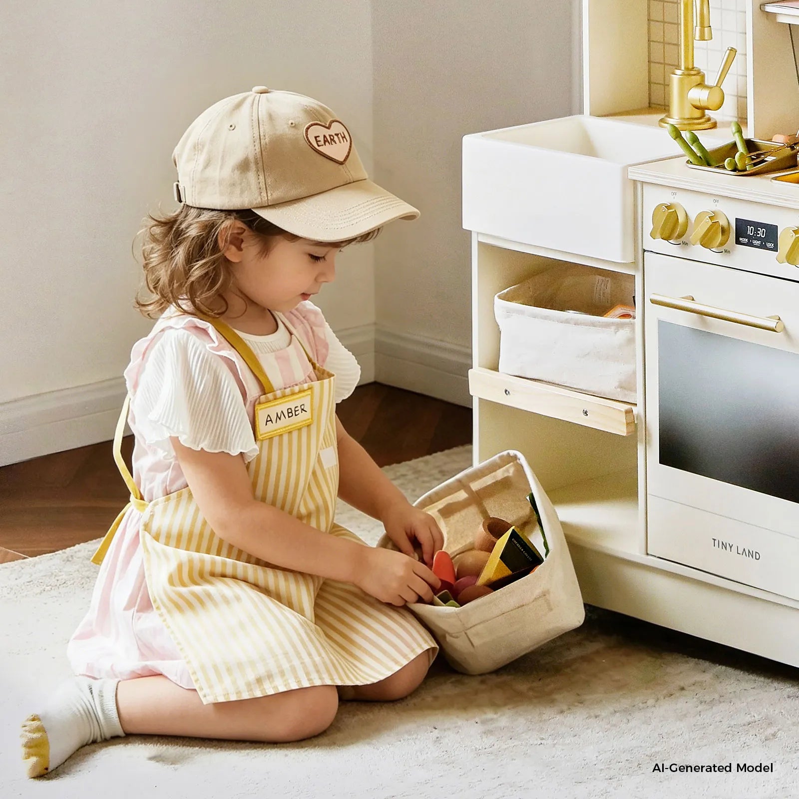 A young child wearing a beige cap and striped apron sits by the Tiny Land® BistroSwitch Play Kitchen, placing colorful toy food into a basket, fully immersed in pretend play.|White
