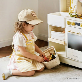 A young child wearing a beige cap and striped apron sits by the Tiny Land® BistroSwitch Play Kitchen, placing colorful toy food into a basket, fully immersed in pretend play.|White