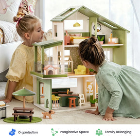 Two young girls play with the Tiny Land® Sweetwood Edge Dollhouse - Green & Pink in a bright, cozy room. Icons below emphasize organization, imaginative play spaces, and the feeling of family belonging. Miniature furniture accents the scene, including a toy bench, dog, and umbrella from Tiny Land.|Green