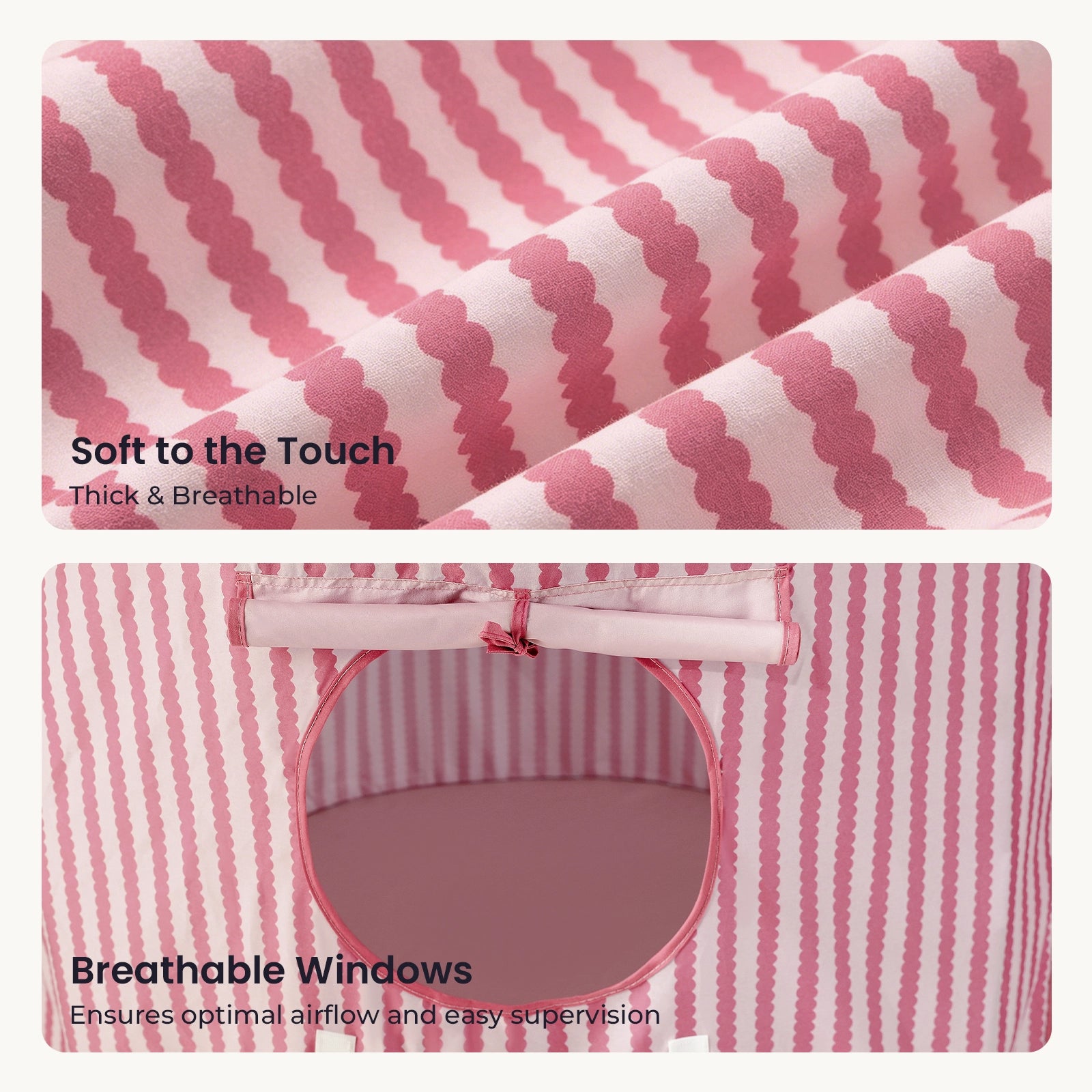 Close-up of the pink and white striped fabric on the Tiny Land® Kids Tent – Indoor Tent for Toddlers, highlighting its Soft to the Touch texture. Below, a circular window in matching fabric features a mesh design for airflow and easy supervision, labeled Breathable Windows—making this Tiny Land playhouse ideal for any indoor play space for kids.|PInk