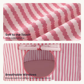 Close-up of the pink and white striped fabric on the Tiny Land® Kids Tent – Indoor Tent for Toddlers, highlighting its Soft to the Touch texture. Below, a circular window in matching fabric features a mesh design for airflow and easy supervision, labeled Breathable Windows—making this Tiny Land playhouse ideal for any indoor play space for kids.|PInk