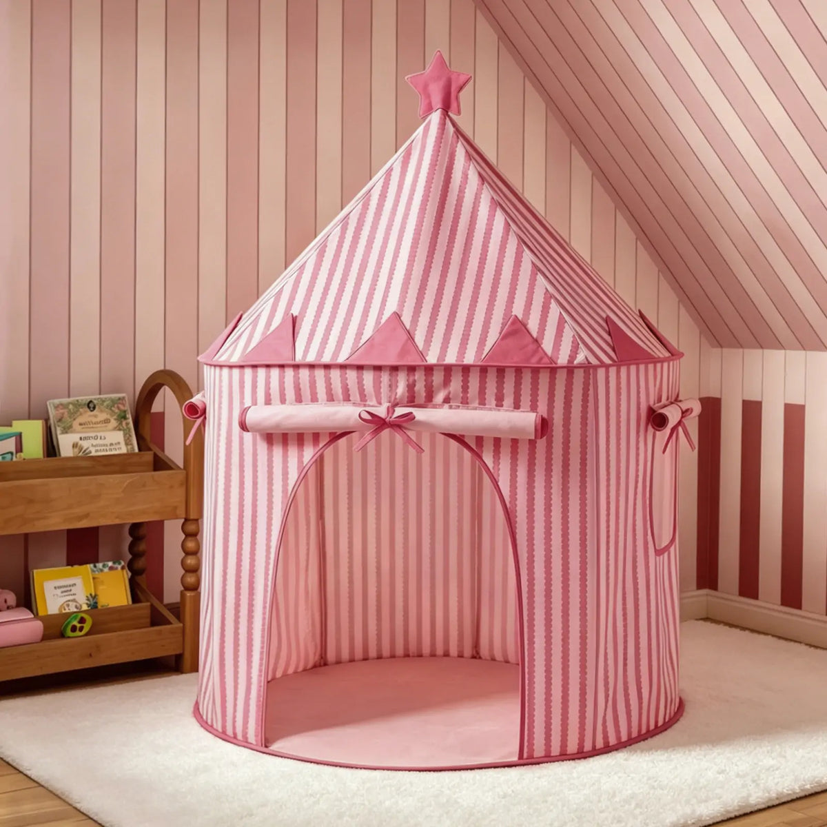 The Tiny Land® Tiny Sweet Stripe Castle Tent by Tiny Land, a pink-and-white striped indoor playhouse with a star on top and open entrance, stands in a cozy pink-themed room beside a wooden bookshelf filled with toys and books.