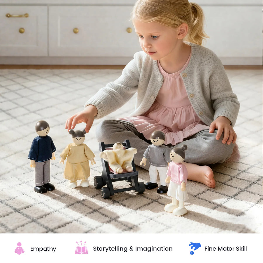 A young child sits on a carpet, playing with Tiny Land® Wooden Dollhouse Dolls—a set of poseable wooden figures crafted in classic 1:12 scale, designed by Tiny Land to inspire empathy, storytelling & imagination, and support fine motor skills. Icons below highlight these developmental benefits.