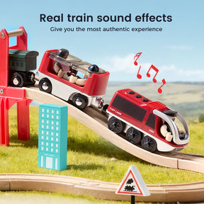 The Tiny Land® Dual-Color Electric Toy Train features two red cars on a wooden track in grass, with music notes showing real train sound effects. Interactive play is added by a blue block and traffic sign. Brand: Tiny Land.|Red