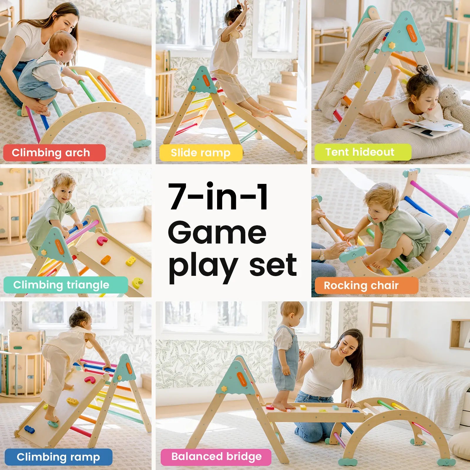 A collage shows kids playing on the Tiny Land® 7-in-1 Rainbow Pikler Triangle Set by Tiny Land, featuring a Pikler Triangle, reversible ramp, tent hideout, rocking chair, climbing arch, climbing ramp, and balance bridge.