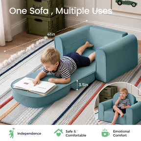 A young boy lies on a blue Tiny Land® GentleSnug Kids Sofa Chair, reading a book as the sofa is extended flat. An inset image shows the same boy sitting upright on the flip-open GentleSnug chair. Icons emphasize independence, comfort, and emotional support from Tiny Land.|Blue
