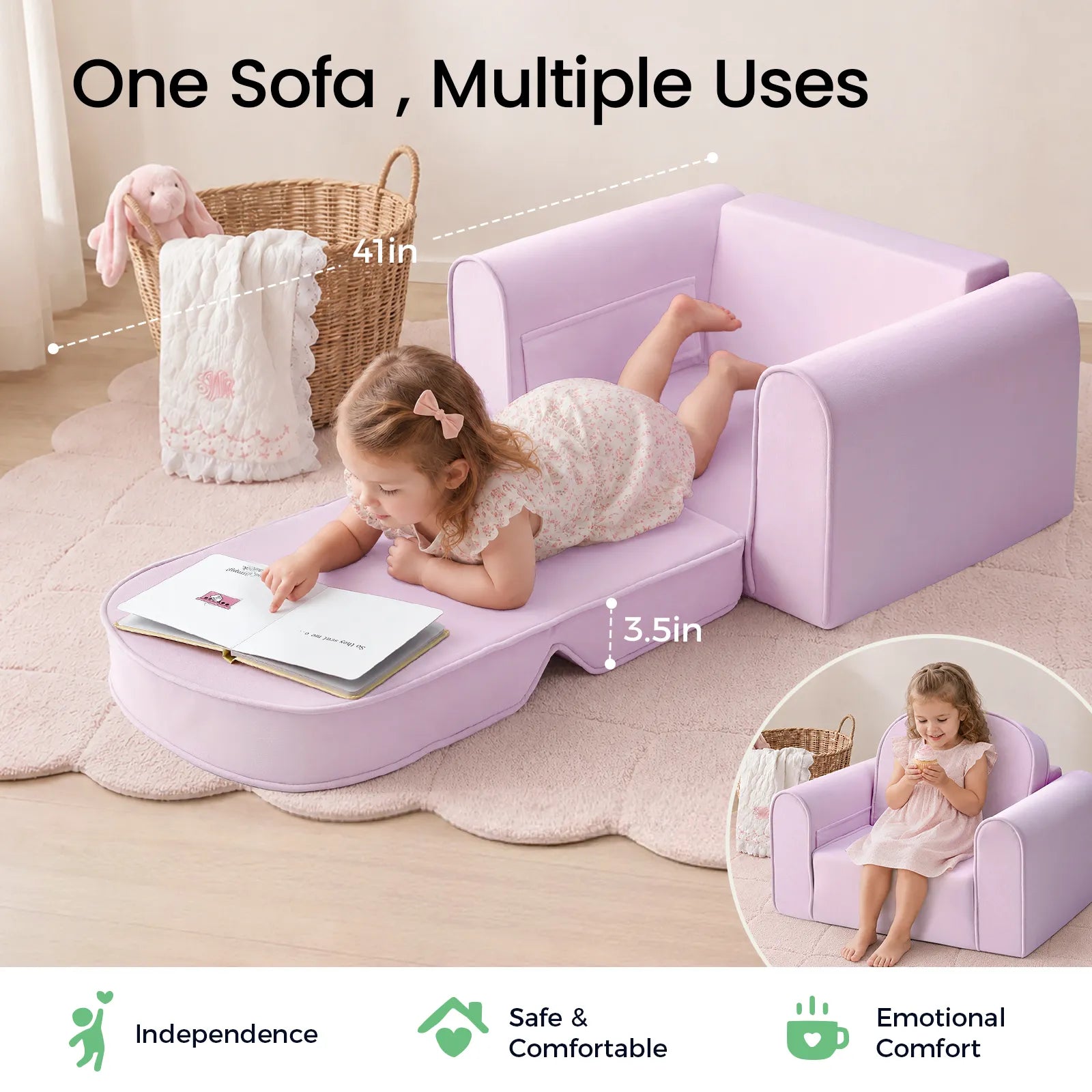 A child reads a book while lying on a lavender Tiny Land® Cozy Nook – Playhouse Tent & GentleSnug Kid Chair, with an inset showing it folded into a sofa and text highlighting independence, comfort, and emotional support.|Pink