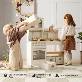 Two children play with the Tiny Land® Wooden Play Kitchen with Storage for Creative Toddlers, tossing pretend cookware and play food in the air. Wooden kitchen accessories and storage bins from Tiny Land are visible, along with icons that read “Spacious Cooking Area,” “Smart Storage Bins,” and “Interactive Details.” This storage play kitchen from Tiny Land offers plenty of room for imaginative fun.|cream