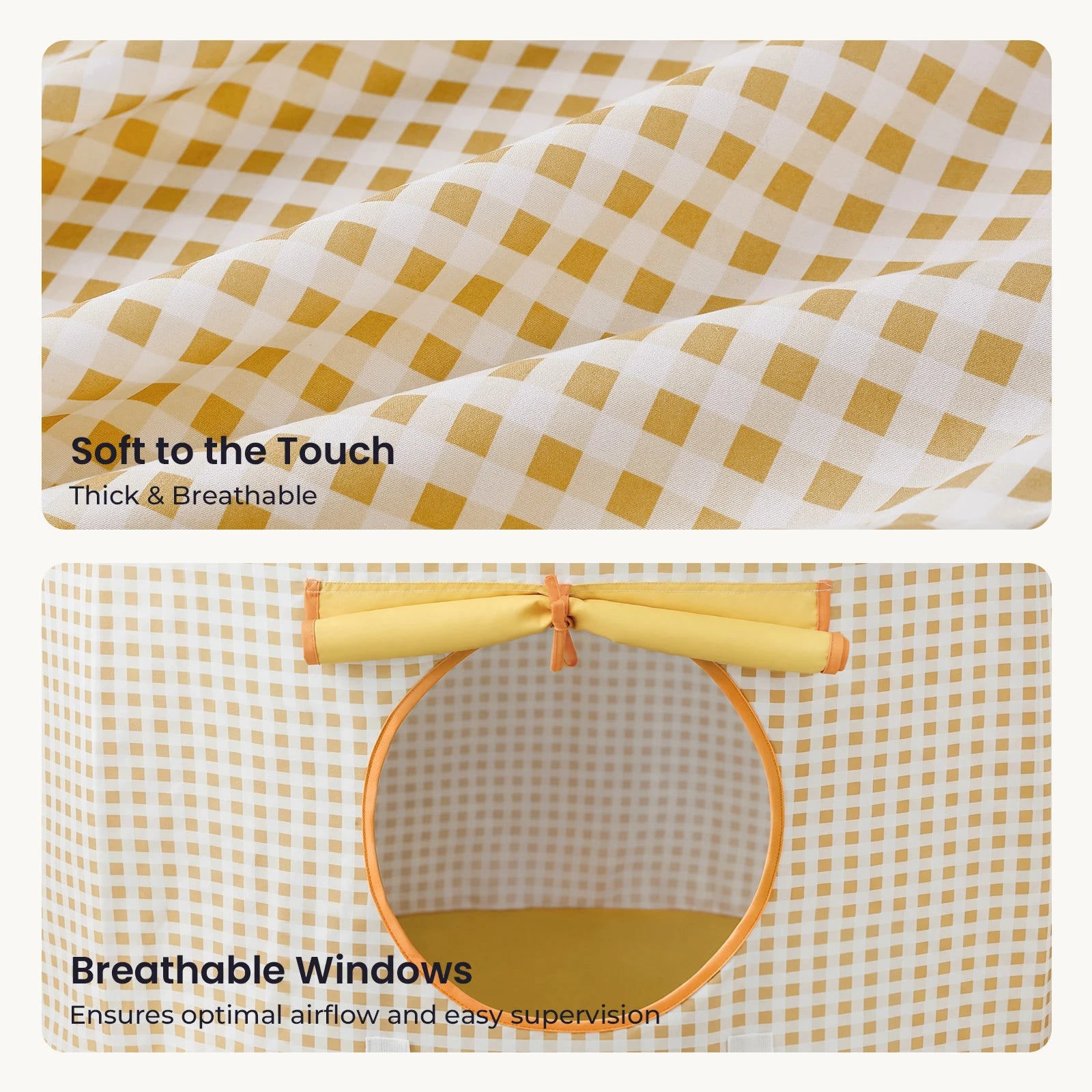 Two-panel image of a Tiny Land® Kids Tent – Indoor Tent for Toddlers showing yellow and white gingham fabric labeled Soft to the Touch: Thick & Breathable and a circular window labeled Breathable Windows: Ensures airflow and supervision.|Yellow