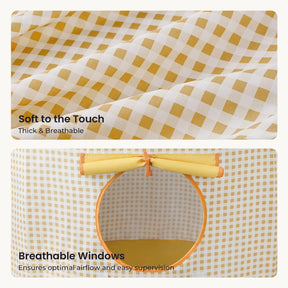 Two-panel image of a Tiny Land® Kids Tent – Indoor Tent for Toddlers showing yellow and white gingham fabric labeled Soft to the Touch: Thick & Breathable and a circular window labeled Breathable Windows: Ensures airflow and supervision.|Yellow