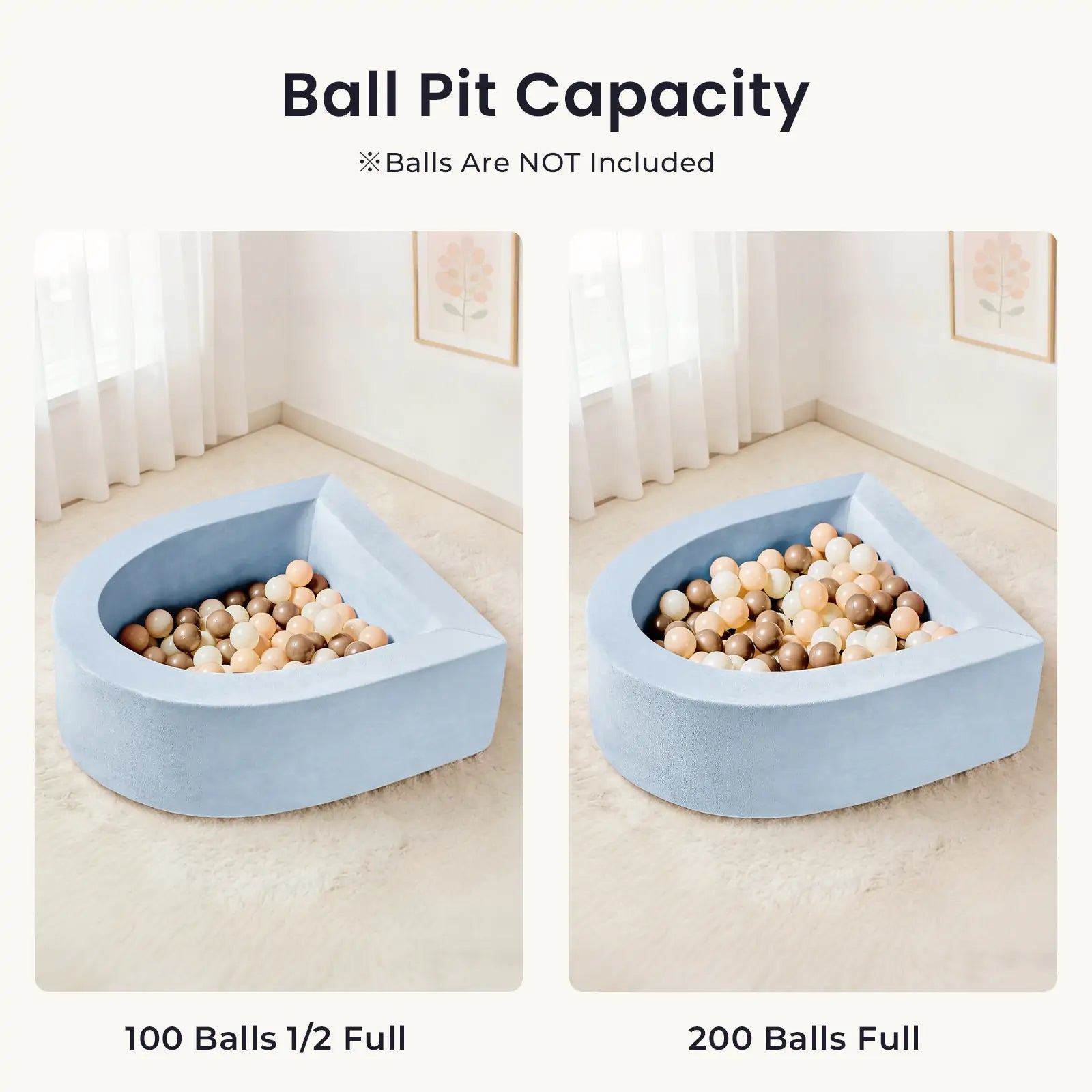 Two images show the Tiny Land® Blue PlayNest Ball Pit by Tiny Land INC in a bright room: one half-filled with 100 included ocean balls, the other full with all 200. Text reads Ball Pit Capacity.|blue