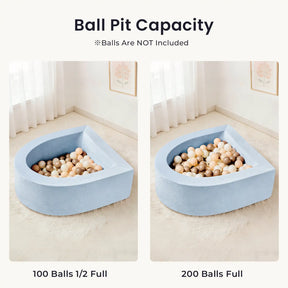 Two images show the Tiny Land® Blue PlayNest Ball Pit by Tiny Land INC in a bright room: one half-filled with 100 included ocean balls, the other full with all 200. Text reads Ball Pit Capacity.|blue