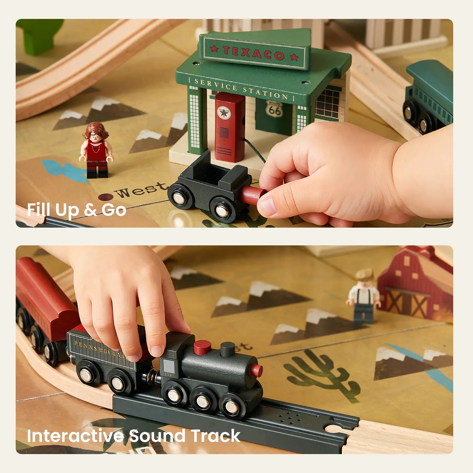 Two images feature a child playing with the Tiny Land® 1920 Railway Adventure Train Table by Tiny Land INC, showing a gas station, train car, black engine on tracks, and a barn with horse in this interactive city-themed playset.