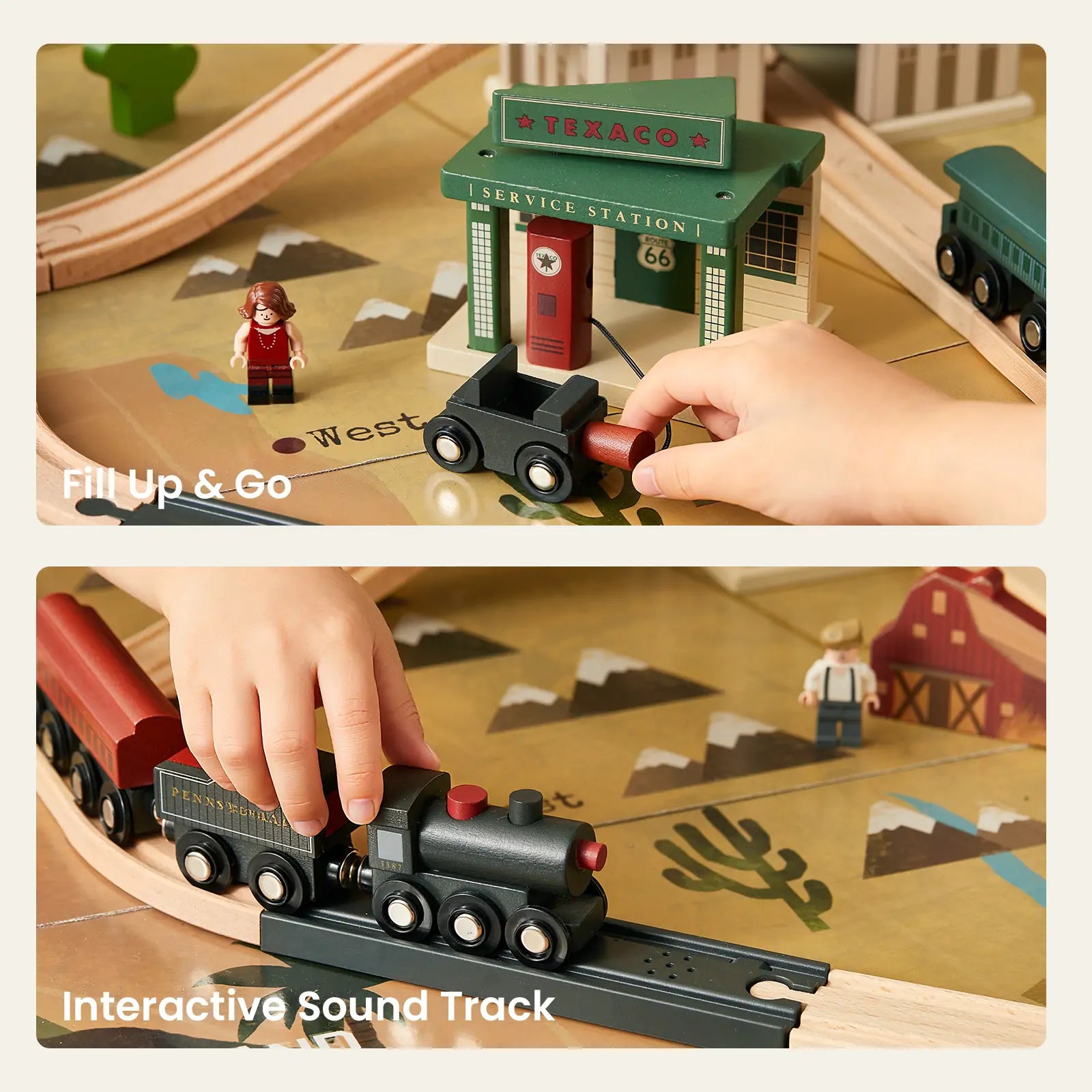 Two images of the Tiny Land® 1920 Railway Adventure Train Table by Tiny Land INC: the top features a 1920s American train toy near a service station and figurine; the bottom shows a child playing with the interactive sound track.