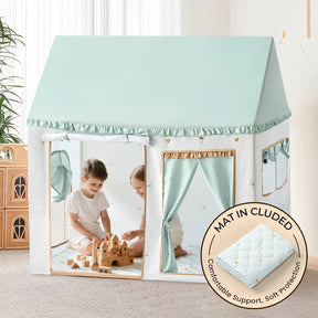 Two children play with the Tiny Land® Sweet Woodland Kids Play Tent by Tiny Land INC, shaped like a house in light blue and white. "Play Mat Included" appears next to an image of the soft mat. The room has light-colored walls and décor.
