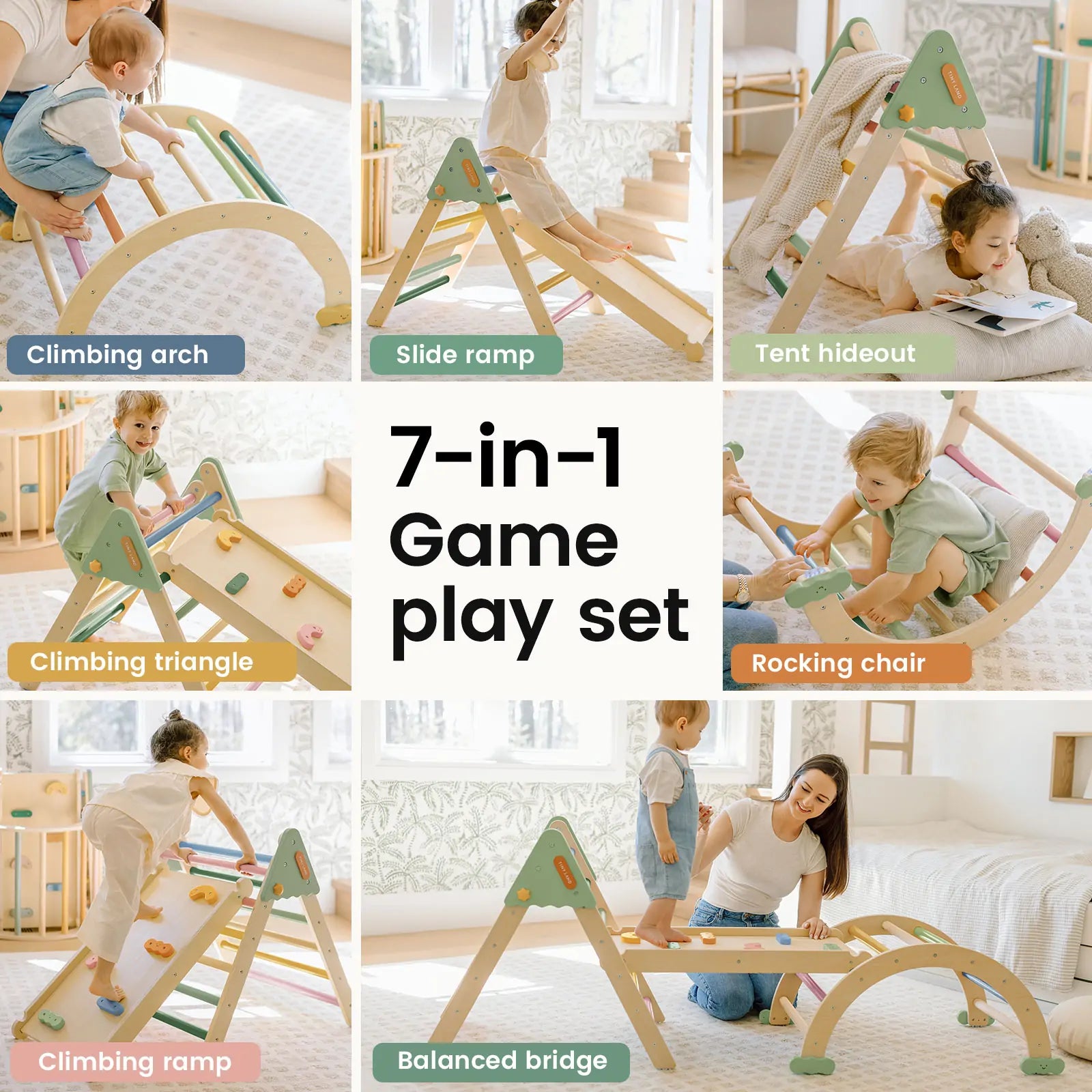 Collage of children playing with the Tiny Land® 7-in-1 Morandi Pikler Triangle Set by Tiny Land, featuring a triangle, reversible ramp, tent hideout, rocking chair, climbing arch, balance bridge, and slide in a bright room.