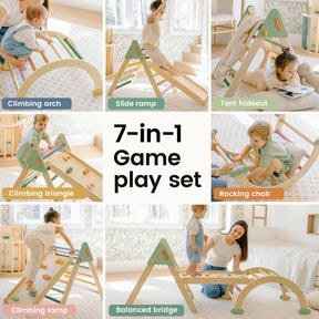 Collage of children playing with the Tiny Land® 7-in-1 Morandi Pikler Triangle Set by Tiny Land, featuring a triangle, reversible ramp, tent hideout, rocking chair, climbing arch, balance bridge, and slide in a bright room.