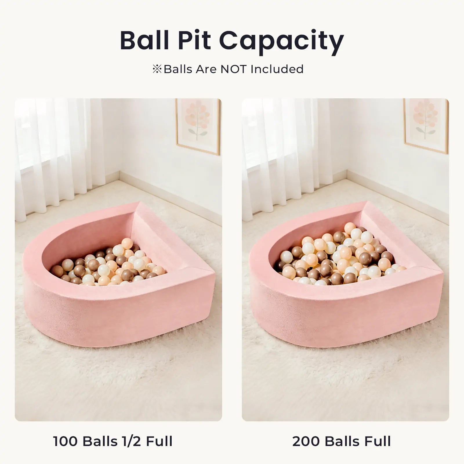 Side-by-side images of the Tiny Land® PlayNest Ball Pit; left shows it half full with 100 balls, right fully packed with 200 included ocean balls. “Ball Pit Capacity – Perfect addition to any toddler play space.” From Tiny Land.|Pink