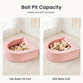 Side-by-side images of the Tiny Land® PlayNest Ball Pit; left shows it half full with 100 balls, right fully packed with 200 included ocean balls. “Ball Pit Capacity – Perfect addition to any toddler play space.” From Tiny Land.|Pink