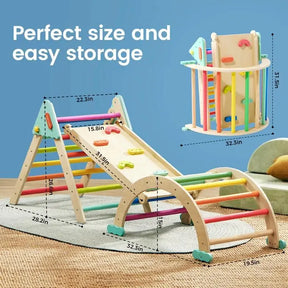 The Tiny Land® 7-in-1 Rainbow Pikler Triangle Set by Tiny Land features colorful rungs, rock holds, and a reversible ramp. Shown assembled on a rug and folded for storage with labeled dimensions on a blue background.