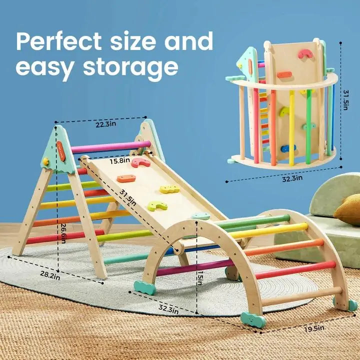 The Tiny Land® 7-in-1 Rainbow Pikler Triangle Set by Tiny Land features colorful rungs, rock holds, and a reversible ramp. Shown assembled on a rug and folded for storage with labeled dimensions on a blue background.