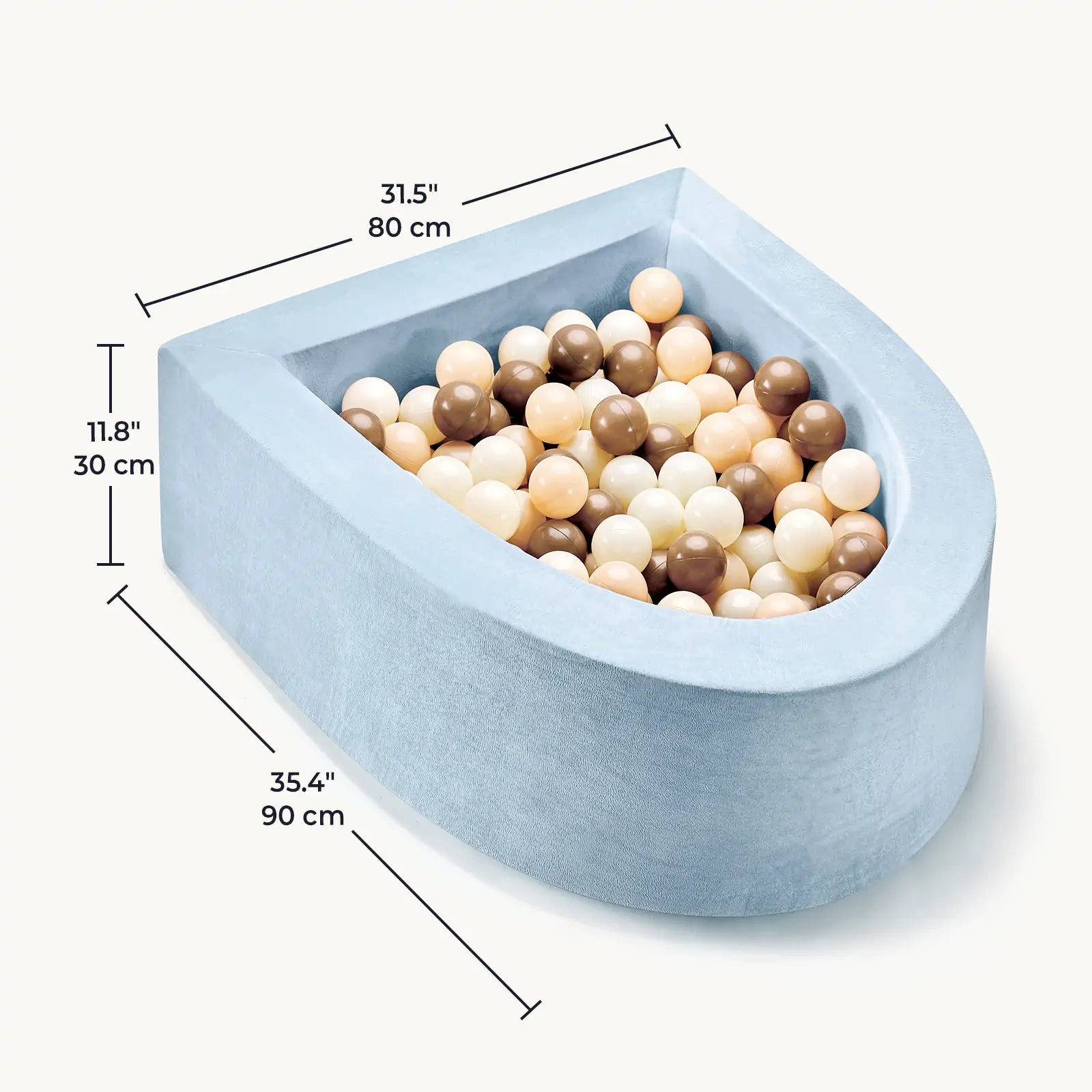 The Tiny Land® Blue PlayNest Ball Pit by Tiny Land INC is a light blue, U-shaped toddler pit with 200 ocean balls in beige, cream, brown, and dark brown. It measures 11.8" H x 31.5" W x 35.4" L (30x80x90 cm).|blue