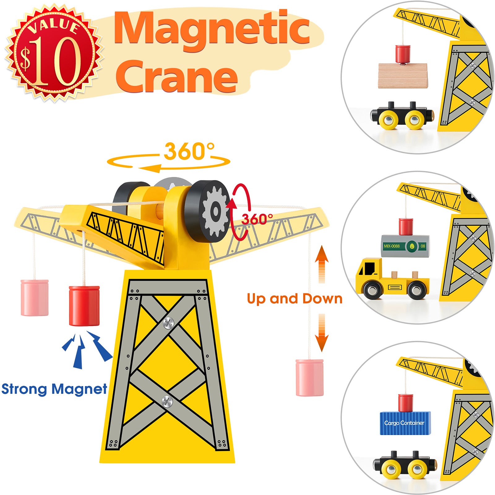Illustration of the Tiny Land® Wooden Track Trains 55 Pcs by Tiny Land shows a yellow magnetic crane lifting blocks and containers, perfect for interactive play with any wooden train set. Insets highlight 360° rotation and text notes its $10 value and features.