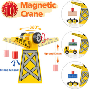 Illustration of the Tiny Land® Wooden Track Trains 55 Pcs by Tiny Land shows a yellow magnetic crane lifting blocks and containers, perfect for interactive play with any wooden train set. Insets highlight 360° rotation and text notes its $10 value and features.