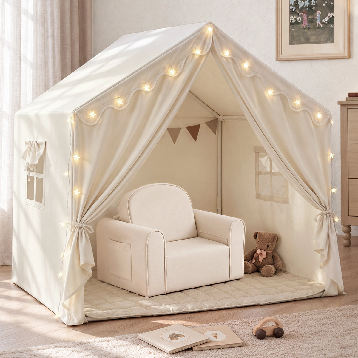 A white fabric Tiny Land Cozy Nook Bundle – Kids Tent with Star Lights featuring a cozy play nook with a GentleSnug Kid Chair and a teddy bear.|Fabric