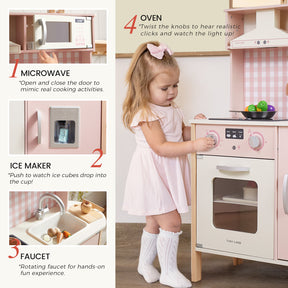 A young girl plays with the Tiny Land® PopJoy Play Kitchen by Tiny Land—a pink wooden set that includes a microwave, ice maker, oven, and a sink with a rotating faucet, each part labeled with playful instructions for endless pretend play.|Pink