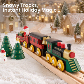 A Tiny Land® Christmas Express Wooden Train Accessory Set featuring an engine, passenger car, and caboose with Santa, set on tracks in a snowy village with miniature trees and houses.