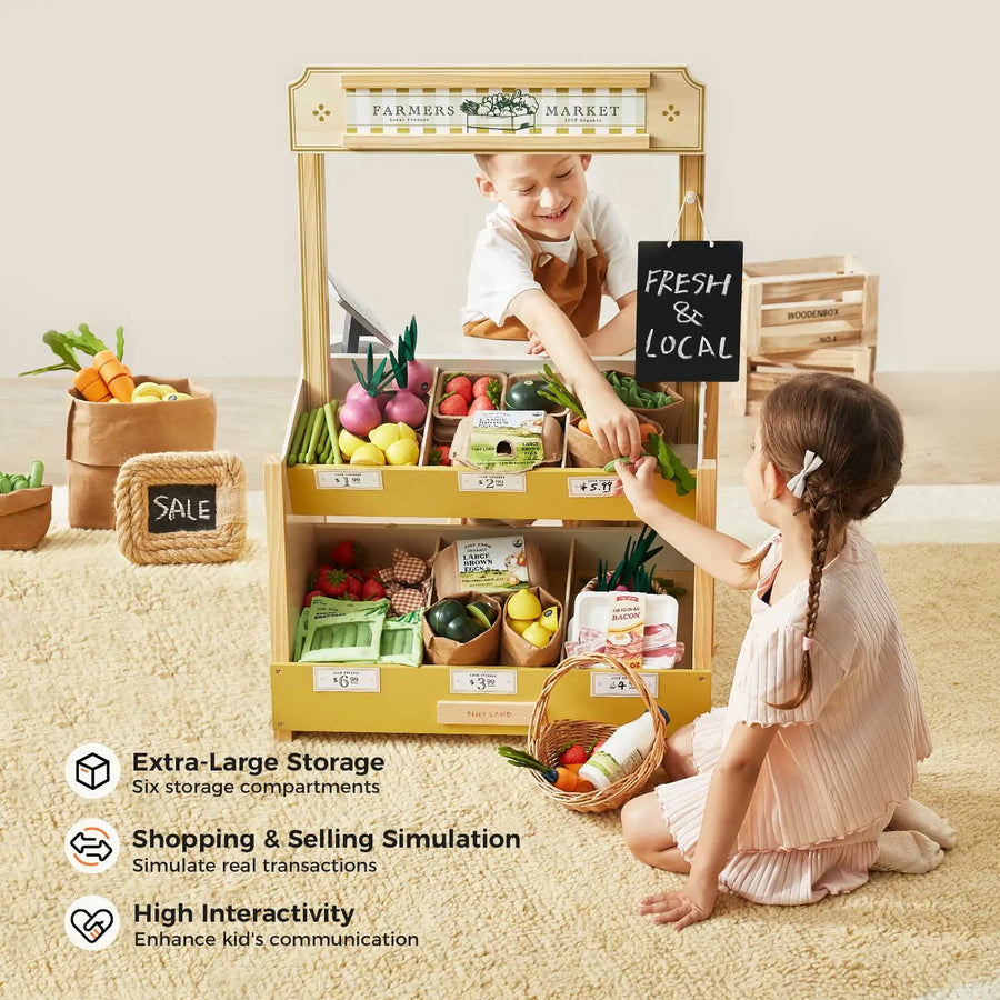 Two children play with the Tiny Land® Kid's Grocery Store Playset, enjoying pretend shopping and checkout. The set by Tiny Land includes fruits, vegetables, and groceries for interactive storage and imaginative fun together.