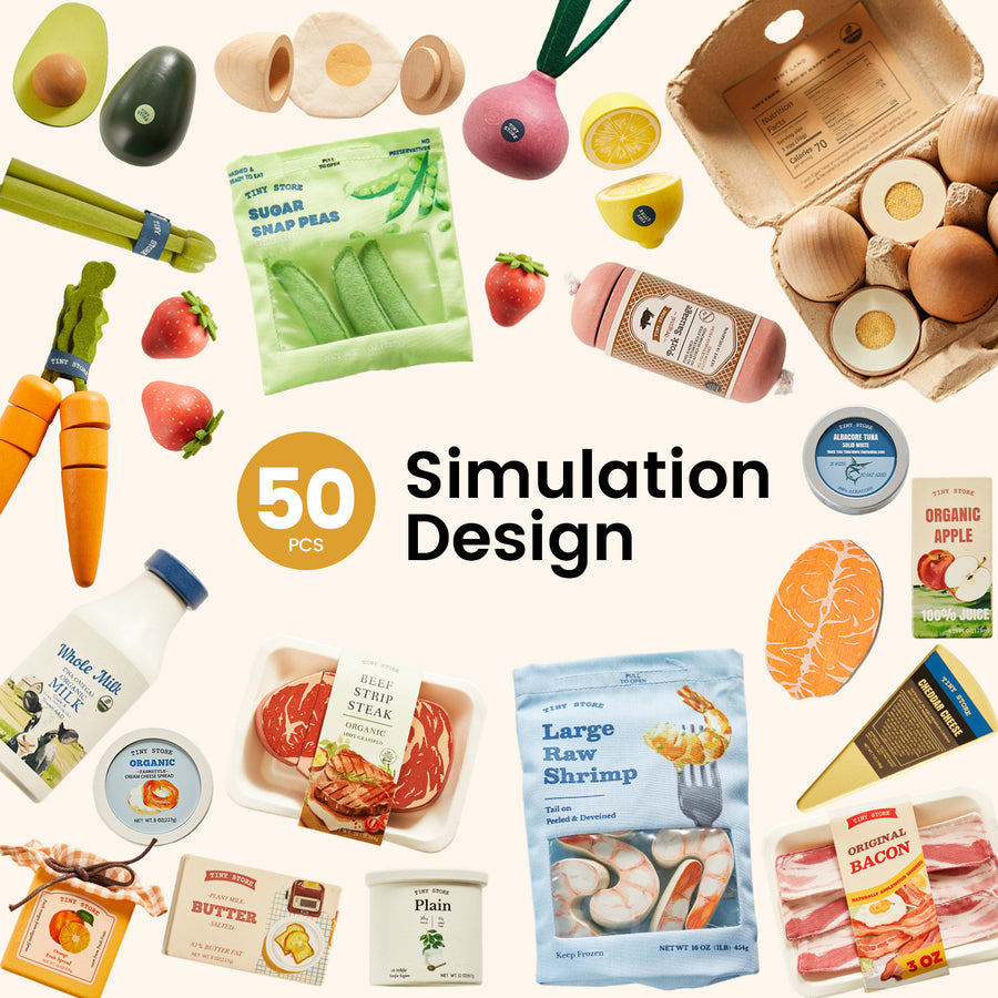 The Tiny Land® Organic Play Food Collection by Tiny Land Play Food features an assortment of pretend kitchen toys, including organic play vegetables, meats, dairy products, and packaged goods. Arranged in a circular display with “50 PCS Simulation Design” at the center on a light background, this set is perfect for encouraging healthy eating habits through imaginative play.