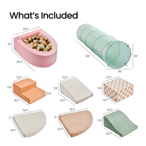 Image shows the Tiny Land® PlayNest Climbing Ball Pit Set with Tunnel by Tiny Land, featuring eight indoor playground pieces: a pink ball pit, mint tunnel, peach climbing blocks, two mats (white & gingham), white curved mat, beige wedge, and green ramp.