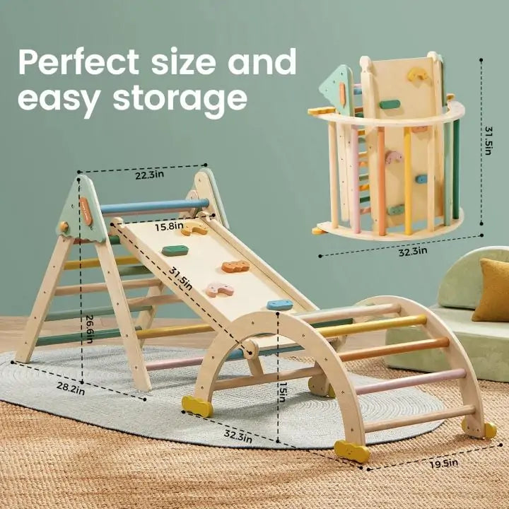 Tiny Land® 7-in-1 Morandi Pikler Triangle Set by Tiny Land, featuring a slide, ladder, and arch for toddlers—shown assembled and folded with labeled dimensions. Text: Perfect size & easy storage. Pastel colors on a light background.