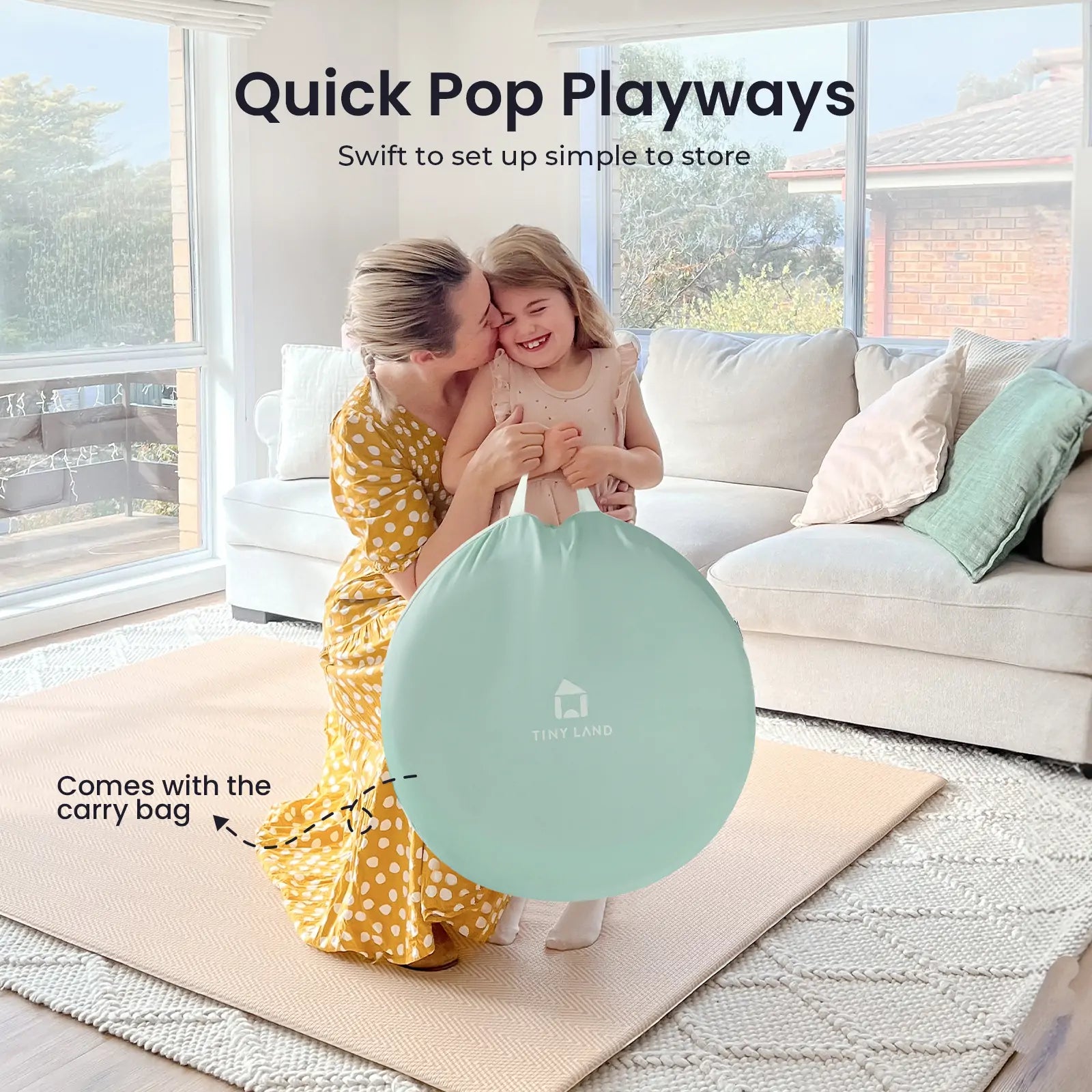 A smiling woman hugs a joyful girl with the Tiny Land® Adventure Play Tunnel - Green in their cozy living room. The bright play tunnel brings fun and adventure to their day. Text reads Quick Pop Playways.|green