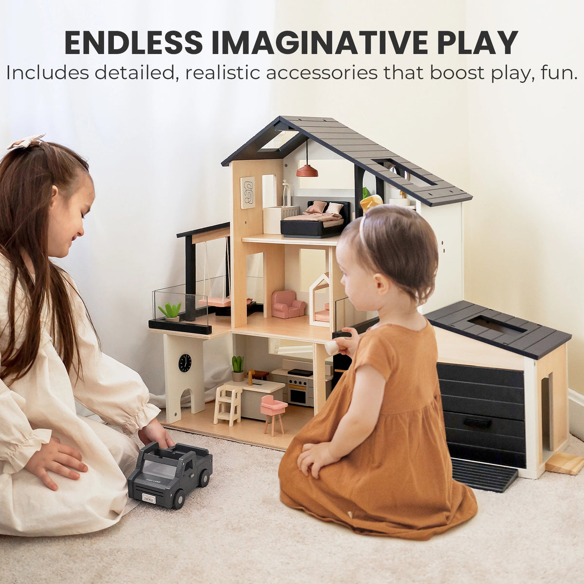 Two children play with a Tiny Land® Sweetwood Edge Dollhouse & Wooden Dollhouse Garage and a toy truck on the floor, under the text ENDLESS IMAGINATIVE PLAY.