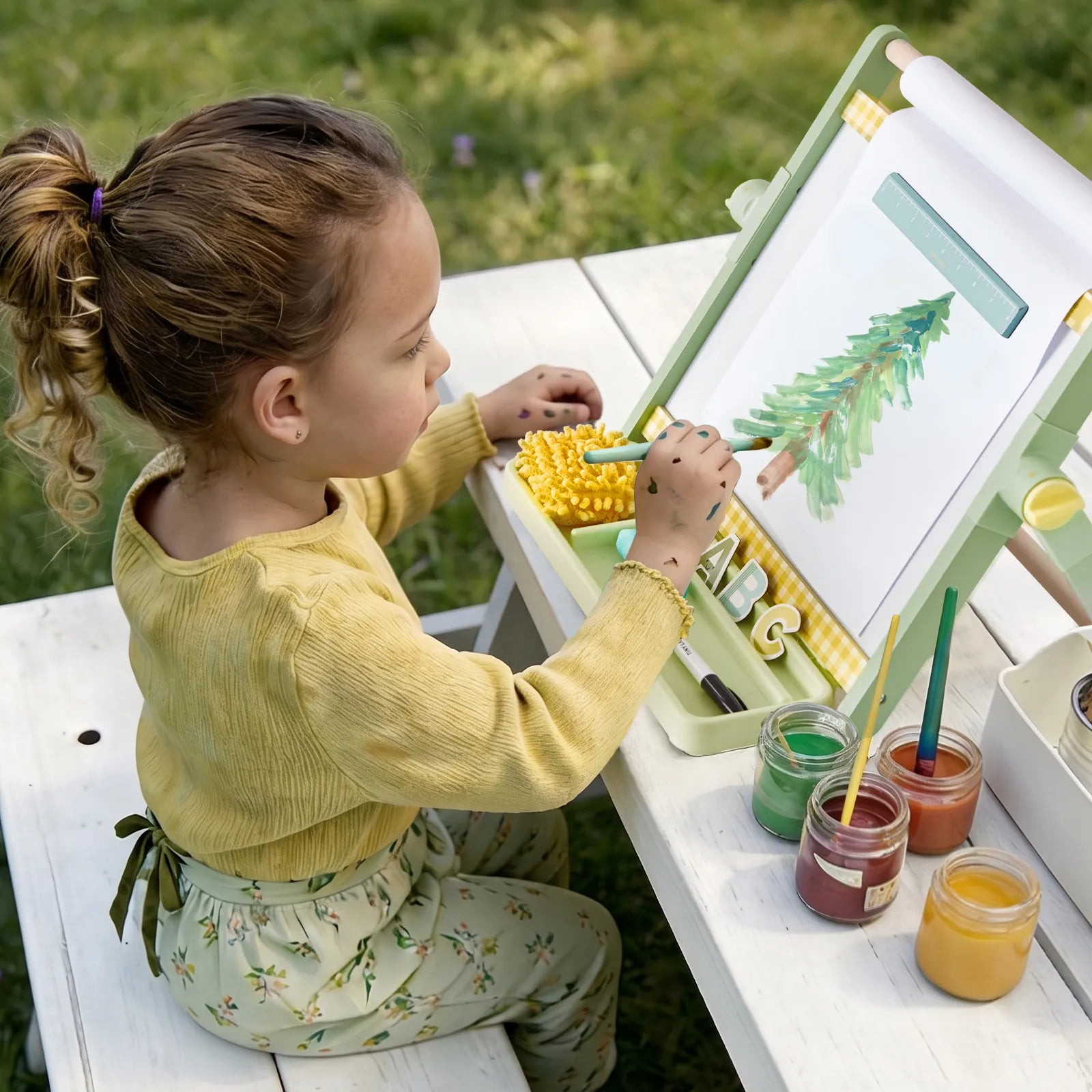 A young child sits at a white table outdoors, painting a green tree on the Tiny Land® Double-Sided Magnetic Tabletop Easel by Tiny Land with watercolor paints. Jars of paint and brushes are arranged beside her at the kids art station, with grass visible in the background.|Green
