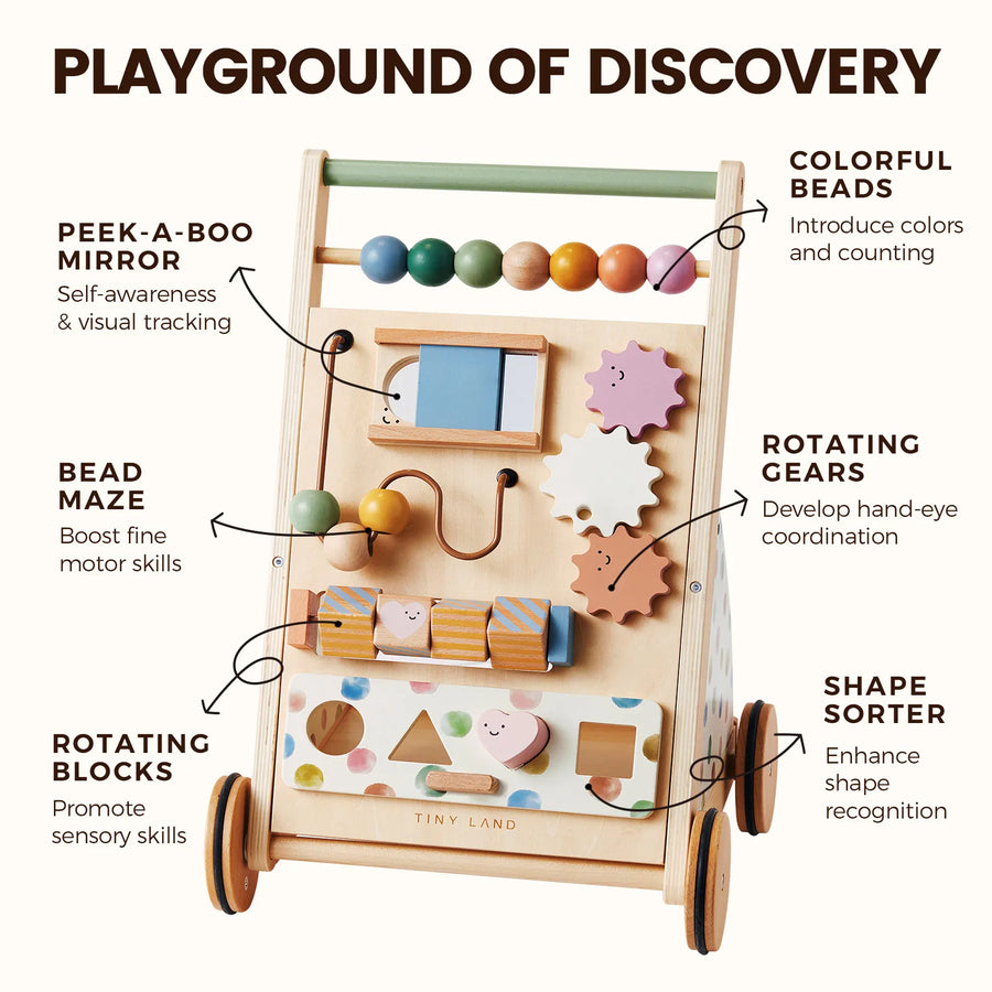 The Tiny Land® Versatile Natural Wooden Baby Walker by Tiny Land is a wooden baby walker toy featuring a peek-a-boo mirror, bead maze, rotating blocks, colorful beads, rotating gears, and a shape sorter. Each section of this natural wooden toy is designed to promote different developmental skills for babies.