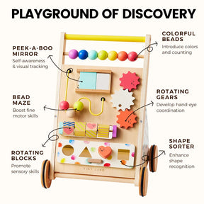 Introduce your little one to learning through play with the Tiny Land® Premium Natural Wooden Activity Walker by Tiny Land. This eco-friendly toddler activity walker features colorful beads, a peek-a-boo mirror, bead maze, rotating gears, spinning blocks, and a shape sorter—each component labeled with its specific developmental benefit. The perfect developmental baby toy to nurture curiosity and support early skill-building!.