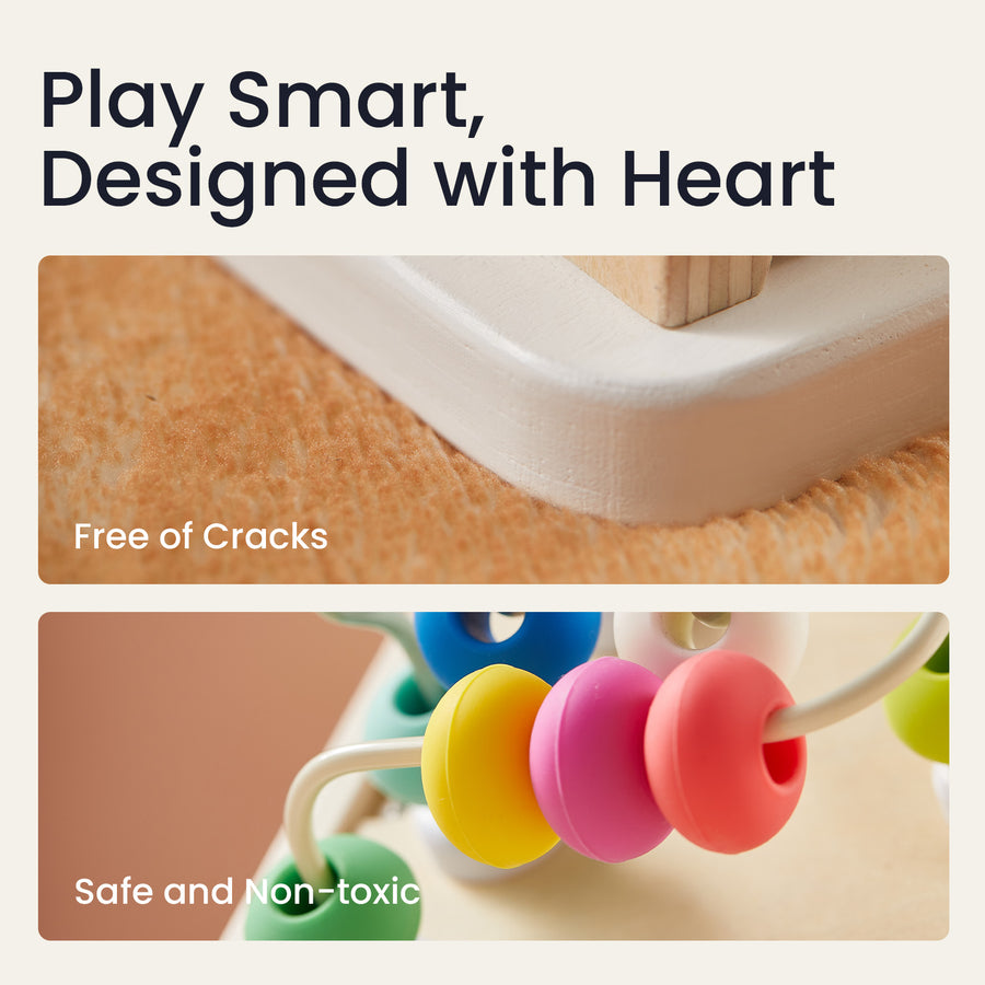 Close-up of Tiny Land's Rainbow Baby Walker & Activity Cube Playset with smooth edges and colorful beads. Text: Play Smart, Designed with Heart. Crack-free, safe, non-toxic—perfect for fine motor skill development.