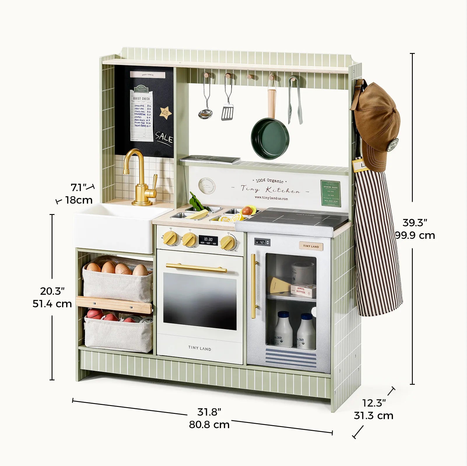 The Tiny Land® BistroSwitch Play Kitchen by Tiny Land features a sink, stove, oven, and refrigerator. Includes play food, utensils, hanging hooks, apron, and hat. Dimensions in inches and centimeters add realism for imaginative play.|Green