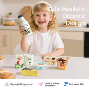 A smiling child holds the Tiny Land® Organic Dairy Pack toy milk bottle at a table with wooden pretend food and toy groceries. Text reads Safe Realistic Organic Design, while icons highlight sharing, healthy eating, and fine motor skill benefits—perfect for a Montessori kitchen toy or dairy play set from Tiny Land.