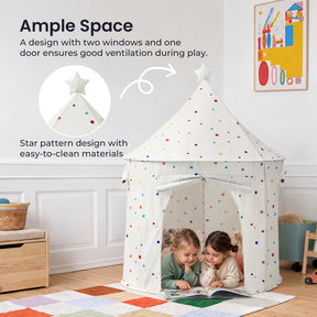Two children sit inside a colorful, polka-dotted Tiny Land® Kids Tent, reading a book together in their cozy reading nook.|Colorful Dots
