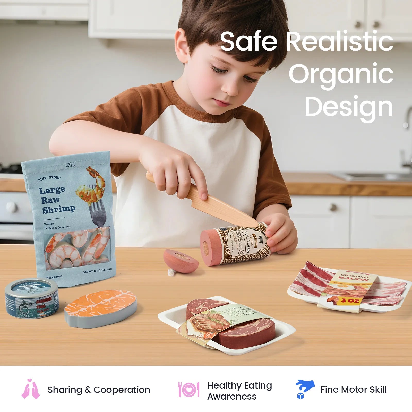 A young child plays with the Tiny Land® Organic Meat & Seafood Pack by Tiny Land on a kitchen counter, featuring realistic wooden toy foods like shrimp, steak, sausage, and canned fish. Text reads “Safe Realistic Organic Design,” while icons highlight sharing, healthy eating, and motor skill development.