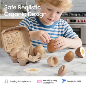 A young child plays with the Tiny Land® Egg Combo Playset from Tiny Land Play Food on a kitchen counter, just like with real play kitchen toys. The set includes whole and cracked wooden eggs, plus a wooden fried egg. Text and icons emphasize safety and developmental benefits.