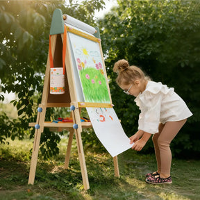 A young girl with glasses creates art featuring flowers, sunshine, and butterflies at the Tiny Land® 3-in-1 Art Easel for Kids - Morandi by Tiny Land, outdoors on grass surrounded by green bushes and trees.