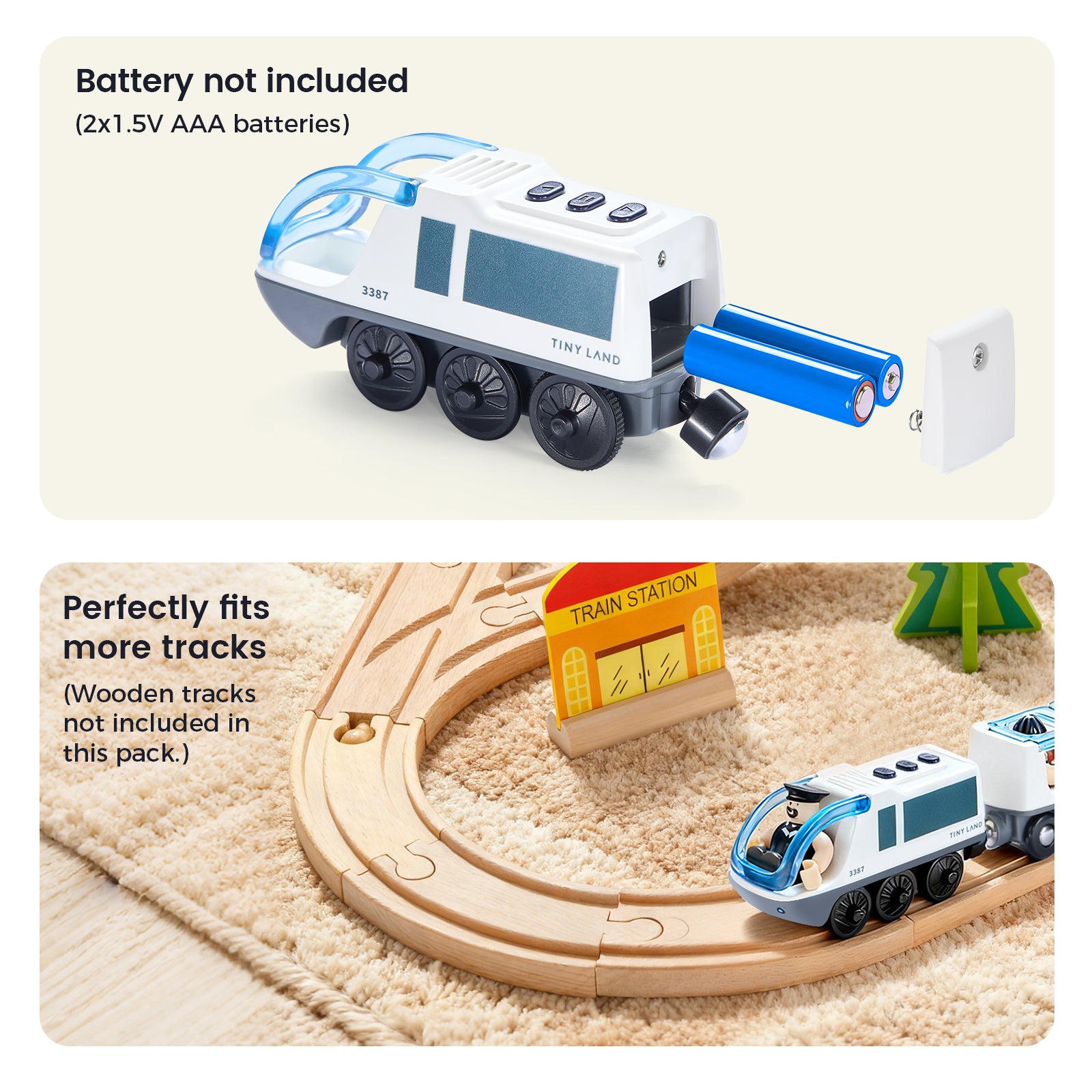 Top: The Tiny Land® Dual-Color Electric Toy Train by Tiny Land has an open battery compartment with two AAA batteries. Bottom: The train, featuring LED headlights, runs on wooden tracks near a yellow station to show compatibility.|White