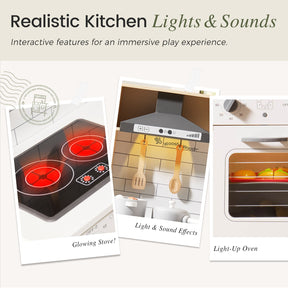 Three images showcase the Tiny Land® Farm-to-Table Gift Set—Light & Sound Kitchen & Market Stall, featuring glowing stove burners, a lit range hood with utensils, and an illuminated oven. Realistic lights and sounds make play interactive.