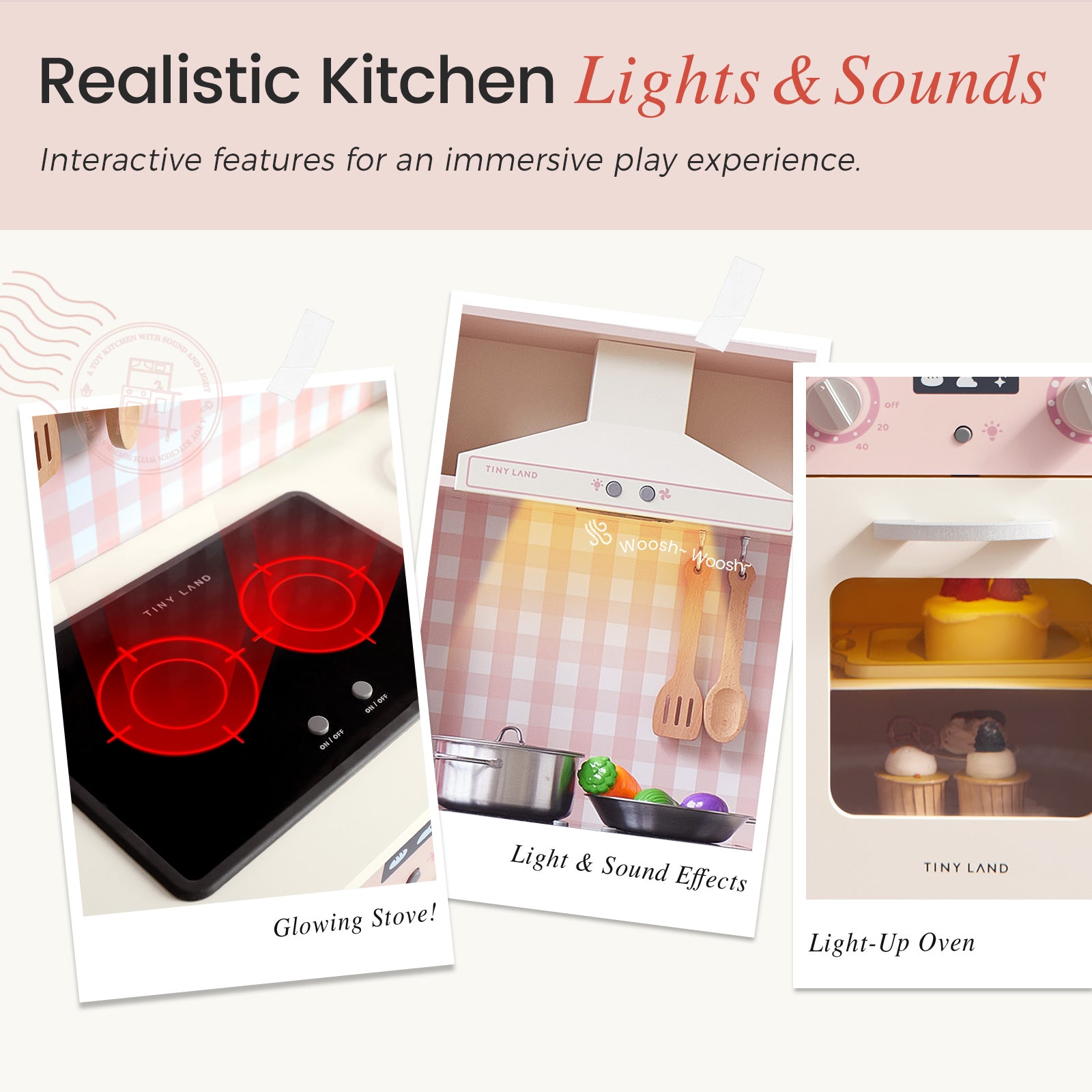 Collage featuring the Tiny Land® PopJoy Play Kitchen - Pink / Green by Tiny Land, with a glowing stove, a range hood with sound and light effects, and an oven with a light-up window displaying toy cupcakes. Text highlights realistic kitchen lights and sounds for the ultimate pretend play experience.|Pink